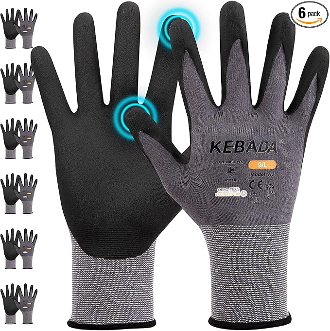Kebada W2 Micro-Foam Coated Work Gloves, Touchscreen Working Gloves with Grip, Idea for Package Handling, Gardening, and Construction, 6 Pairs, Small
