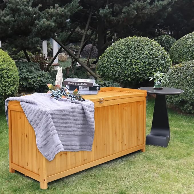 65 Gallon Outdoor Solid Wood Deck Box, Fir wood storage box Deck Box with Sealed Hinged Lid, Furniture Storage Cabine Patio Tool, Backyard Tool, Garden Tool, Pool Equipment, Camping Gear