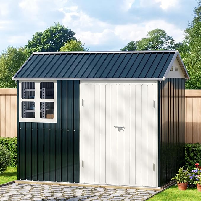 8X6FT Outdoor Steel Storage Shed with Lockable Doors, Frame Floor (No Wood/Other Boards),One Window,Ideal for Garden, Backyard, Patio Storage