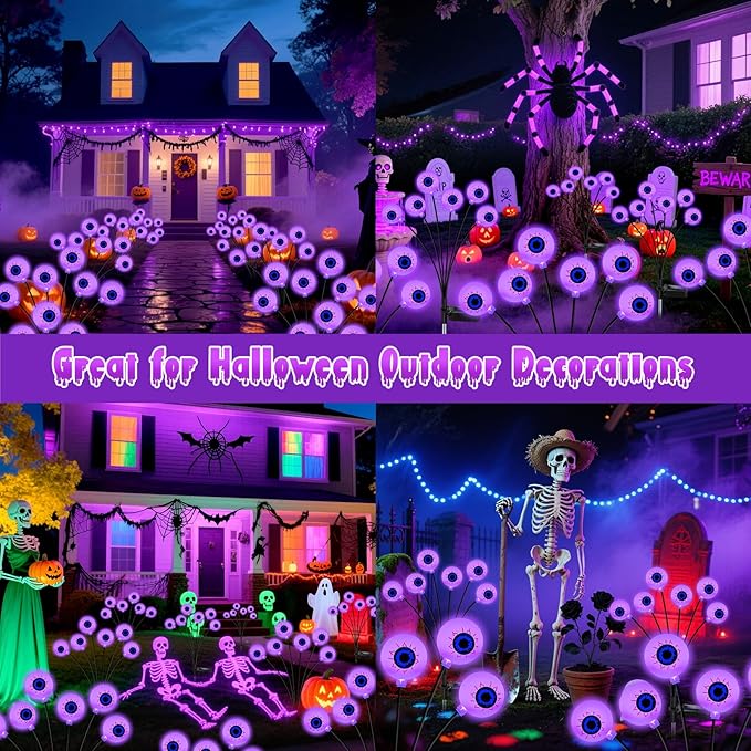 Purple Halloween Decorations Outdoor, 8 Pack 48 LED Solar Scary Eyeball Swaying Lights, Purple Solar Firefly Light Waterproof Outdoor Garden Lights for Halloween Yard Garden Lawn Party Flower Bed