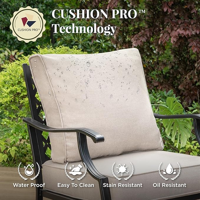 Patio Furniture Set, 6 Pcs Metal Outdoor Conversation Set, 2 Swivel Chairs, 2 Ottomans and 3 Seater Sofa with 5.75" Extra Thick Cushion and Gas Fire Pit Table, Beige