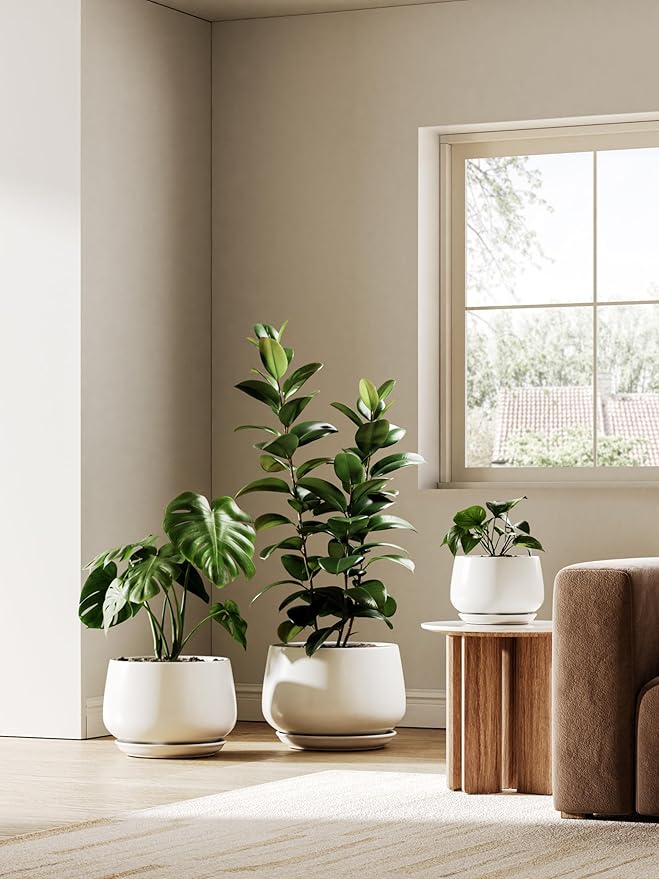 LE TAUCI Ceramic Planter, 10 Inch Plant Pot with Drainage Hole & Saucer – Durable Indoor Planter for Modern Home Decor, White