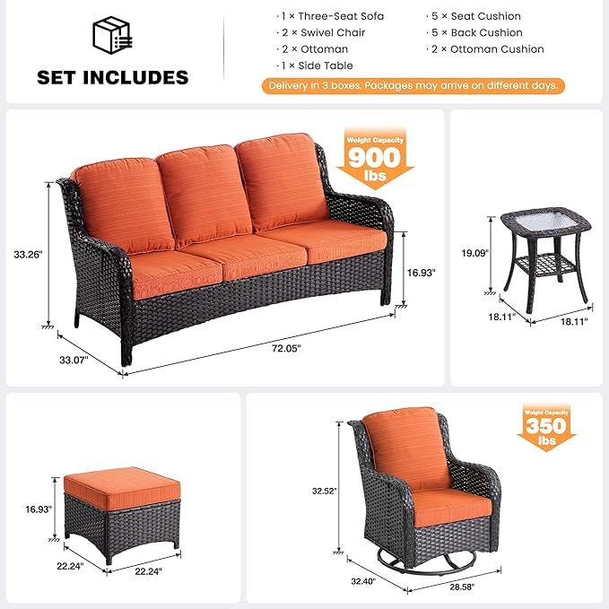 ovios 6 Pieces Patio Furniture Set, Outdoor Wicker Sofa Couch with Swivel Chairs Ottomans Comfy Cushions, All Weather High Back Modern Conversation Sets, Brown Rattan, Orange Red