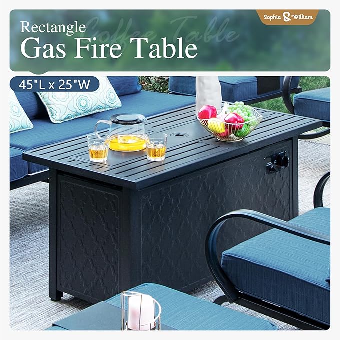 Sophia & William Patio Furniture Sets with 45" Gas Fire Pit Table for 7 Outdoor Conversation Sets 6 Pcs, 2 x Swivel Cushioned Sofa Chairs, 1x3-Seat Sofa, 2xOttomans for Backyard Poolside Peacock Blue