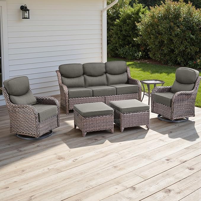 Wicker Outdoor Patio Furniture Set - 6 Piece Patio Conversation Sets with Swivel Rocker Chairs, Ottomans, Sofa and Side Table, 6 inch Cushions, Waterproof Wicker, for Porch Deck Brown/Grey