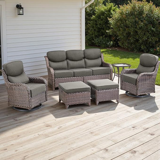 Wicker Outdoor Patio Furniture Set - 6 Piece Patio Conversation Sets with Swivel Rocker Chairs, Ottomans, Sofa and Side Table, 6 inch Cushions, Waterproof Wicker, for Porch Deck Brown/Grey