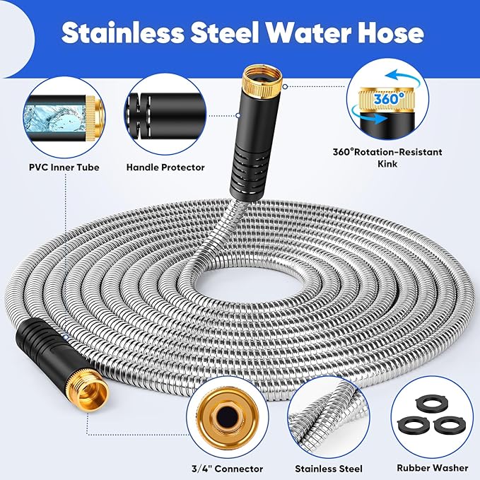 Garden Hose 75 ft, Stainless Steel Metal Water Hose with Adjustable 10-Mode Spray Nozzle, Lightweight Hose, No Kink, Leak-proof, Puncture Resistant for Yard, Outhood, RV