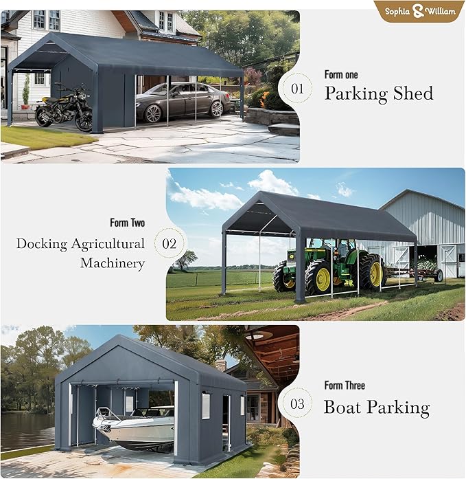 Sophia & William Carport Storage Shed 13x24 ft Portable, Heavy Duty Car Port Canopy Garage Shelter with Sidewalls and Roll Up Doors for Automobile Boat Motorcycle Bike, Gray