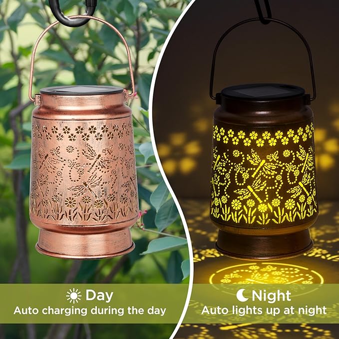 Solar Dragonfly Lanterns Outdoor Waterproof Garden Decor Gifts for mom Women Mom Grandma Hanging Lights Metal Decoration Outside for Yard, Patio, Backyard, Porch,for Garden/