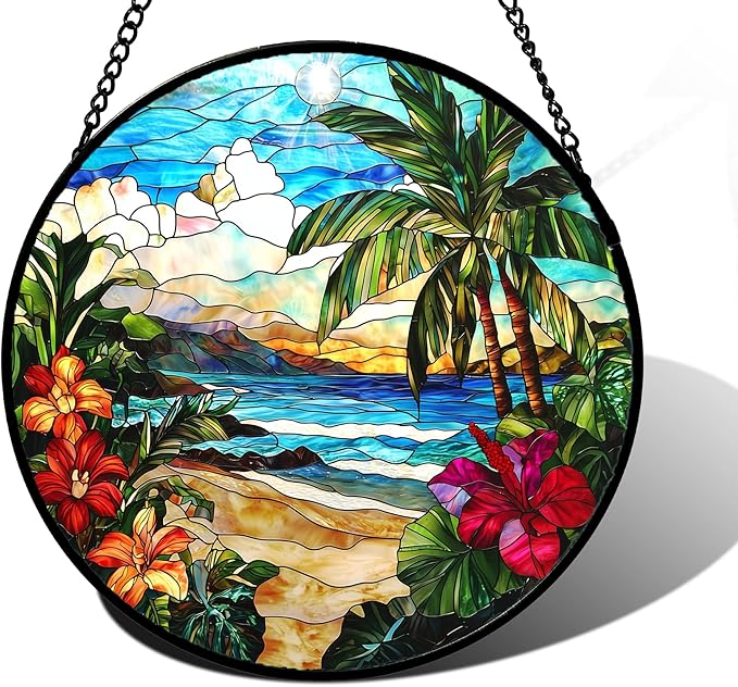 Stained Glass Window Hanging, Blue Beach Scenery Suncatcher Diamond Glass Panel Hangings Sun Catchers Decor for Birthday for Women, Men, Wife, Aunt, and Mom 11.8x11.8 in