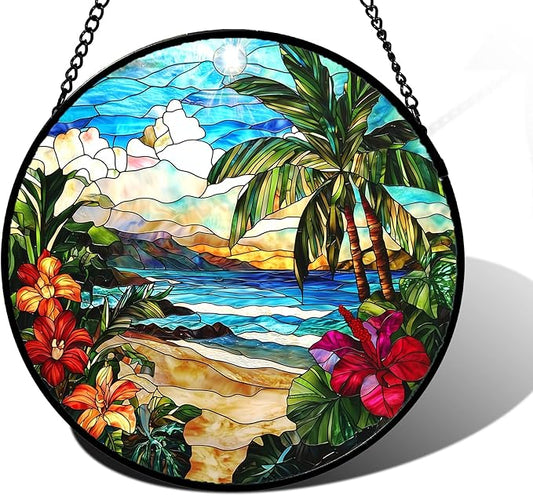 Stained Glass Window Hanging, Blue Beach Scenery Suncatcher Diamond Glass Panel Hangings Sun Catchers Decor for Birthday for Women, Men, Wife, Aunt, and Mom 11.8x11.8 in