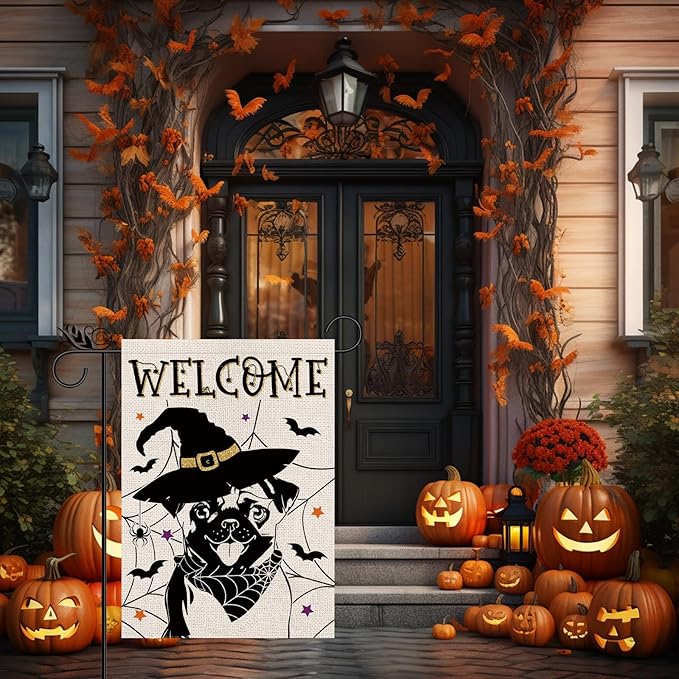 Halloween Garden Flag Pug Cobweb Bats Double Sided Vertical Welcome Flag Holiday Outdoor Yard Lawn Decorations 12.5 x 18 Inch