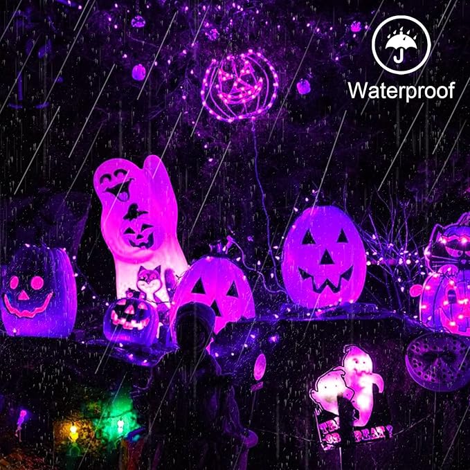 Solar Powered String Lights Outdoor, 2 Pack Total 200 LED 66FT Solar Powered Halloween Decorative Fairy Lights 8 Modes Black Wire for Halloween, Garden, Patio, Party, Yard, Christmas(Purple)