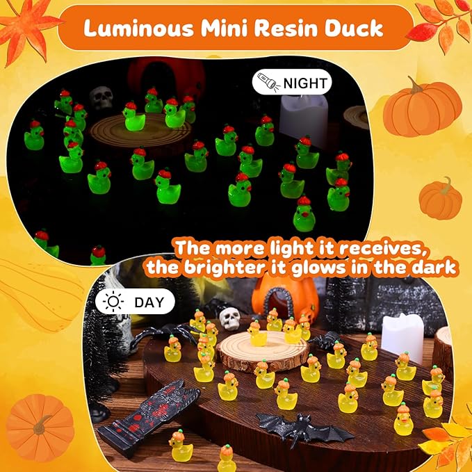 100Pcs Fall Mini Resin Duck Luminous Resin Duck Glow in The Dark Fall Mini Duck Halloween Tiny Animals Miniature Figurine for Fall Party Home Ornament Halloween Favor Miniature Landscape