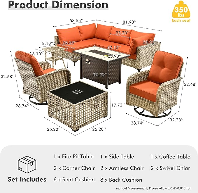 HOOOWOOO Outdoor Patio Furniture Set with Fire Pit Table,9 Pieces Wicker Out Door Sectional Furniture L Shaped Couch,Outside Patio Conversation Sets Swivel Chair,Orange Red