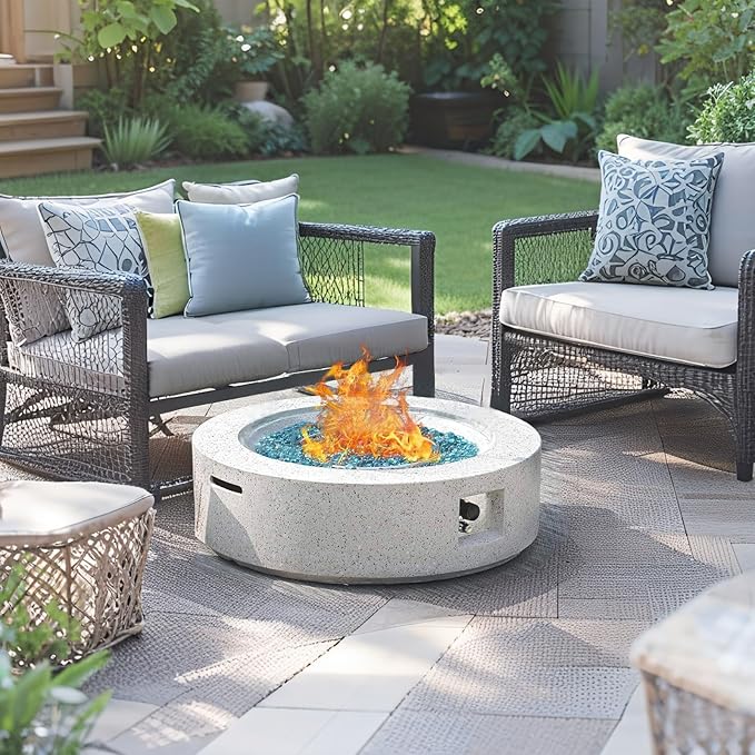 3-Piece Outdoor Propane Fire Pit Table Set – Premium Terrazzo-Like MgO Finish, Round Gas Fire Table with Tank Table & Glass Wind Guard for Patio, Garden & Backyard, Includes Rain Cover & Glass Beads