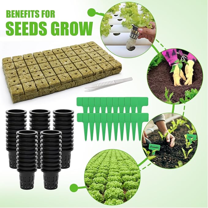 Windspeed 120Pcs Rockwool Planting Cubes Set 1 Inch, Rock Wool Seed Starter Cubes Set for Rooting Starting Seeds Include 50P Rockwool Cubes 50P 1.5 in Hydroponics Basket 20 Plant Tags 1 Tweezers