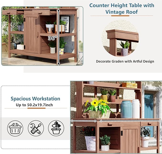 Outdoor Wooden Potting Bench Table – Farmhouse Garden Workstation with Drawers, Cabinet & Storage Shelves, Large Fir Wood Work Table for Patio, Backyard, Mudroom, Greenhouse (Dark Brown, 66'' H)