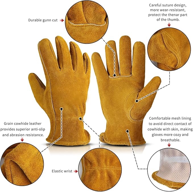Gardening Work Gloves Leather: Garden Men Women Thorn Proof Cowhide Gardening Gloves for Heavy Duty Yard Work