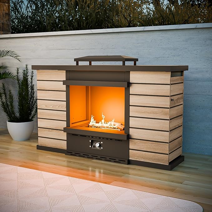 COOS BAY Outdoor Propane Fire Pit 50,000 BTU, Smokelss Gas Fireplace with Hidden Tank Storage, Adjustable Flame Patio Heater for Deck, Backyard, Gray/Tan