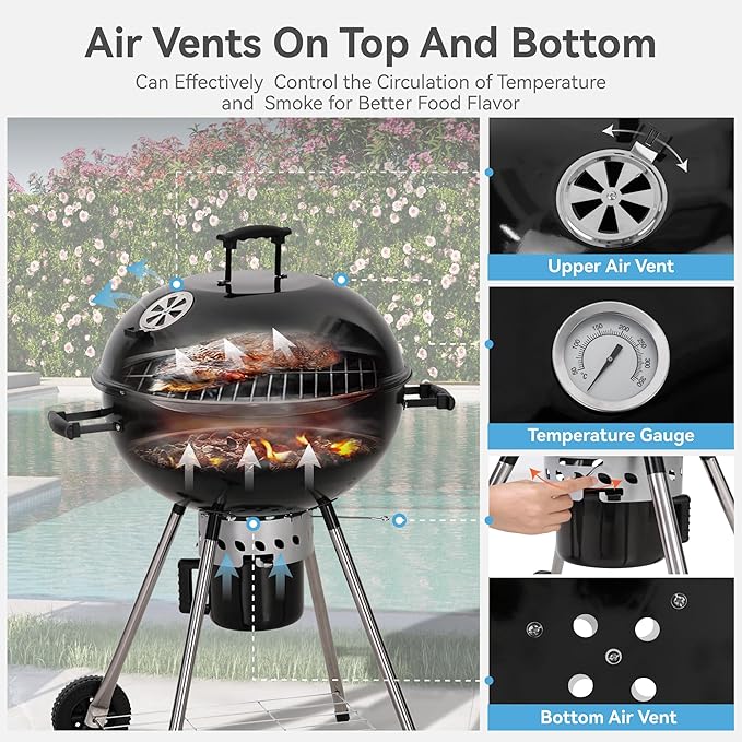 GREEN PARTY 22 inch Kettle Charcoal BBQ Grill with Wheels, Portable Charcoal Grill with Porcelain-Enameled Lid & Ash Catcher for Outdoor Cooking Barbecue Camping Picnics Tailgating, Black