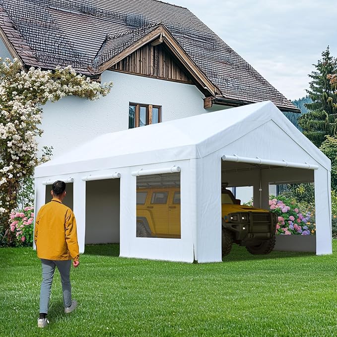 Quictent Heavy Duty 10x20 ft Carports with Side Zipper Doors & Snowproof Steel Cables & Ventilated Windows, Waterproof Storage Shelter for Car, Boat, RV, Outdoor Equipment, White