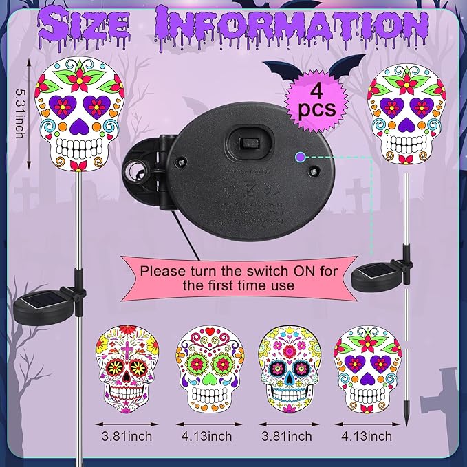 Retisee 4 Pack Day of The Dead Sugar Skull Solar Lights with Stakes Outdoors Skull Solar Yard Decorations Waterproof Lights for Halloween Outdoor Garden Lawn Patio Porch Pathway Decor Favors