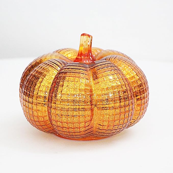 Mercury Glass Pumpkin Lights with Timer, Battery Operated Led Pumpkin Lights for Halloween Fall,Thanksgiving Rustic Decor (Gold Grid-Patterned, 5.5")
