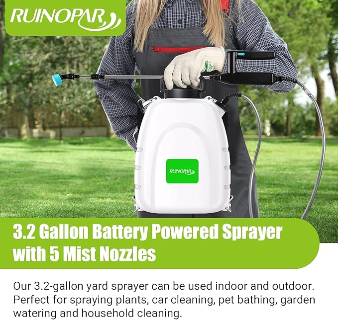 Battery Powered Sprayer 3.2 Gallon,Powerful Electric Sprayer with 5 Mist Nozzles,Rechargeable Handle, 41 in Retractable Wand,Adjustable Shoulder Strap,for Lawn,Gardening,Cleaning