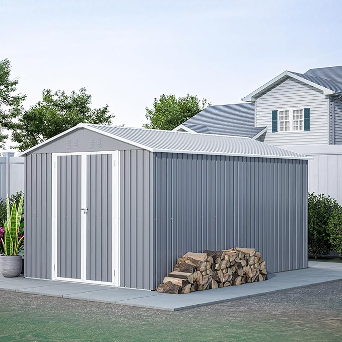 8×12 FT Storage Shed with 1 Lockable Door and Vents,Metal Aluminum Waterproof Tool Sheds,Heavy-Duty Sheds Unit W/Floor Frame,Lock & Key,Garden Shed for Storing Bicycles,Barbeques,Gray
