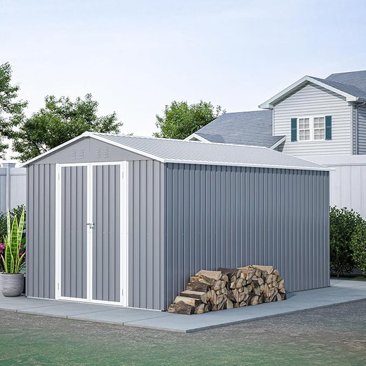 8×12 FT Storage Shed with 1 Lockable Door and Vents,Metal Aluminum Waterproof Tool Sheds,Heavy-Duty Sheds Unit W/Floor Frame,Lock & Key,Garden Shed for Storing Bicycles,Barbeques,Gray