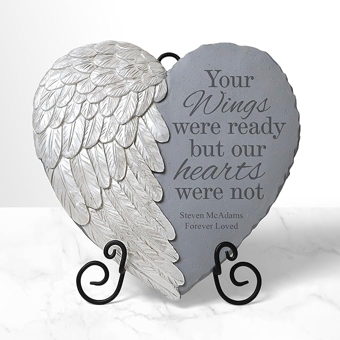 Let's Make Memories Personalized Memorial Garden Stone - Sympathy - Loss of Loved One - Condolences - Indoor/Outdoor - Durable Resin - 3D Wings of Love - in His Keeping