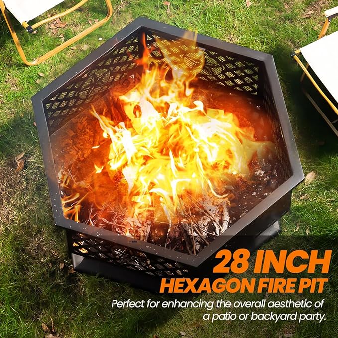28 Inch Hexagonal Fire Pit,Wood Burning Firepits for Outside with Spark Screen&Poker,Metal Hex-Shaped Outdoor Fire Pit for Outside,Backyard,Bonfire,Patio,Garden,Picnic and Camping（Black）
