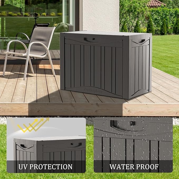 50GAL Brown Deck Box with Special Pattern and Lock Hole - Waterproof, SGS - Approved UV Resistance, Stylish Storage for Outdoor Cushions and Decor, Effortless Assembly Process