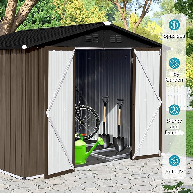 8x6 FT Outdoor Storage Shed, Metal Tool Shed with Lockable Doors, Peaked Roof & Frame Floor, Garden Shed with Vented Design for Backyard Garden Patio Lawn, Brown + Black