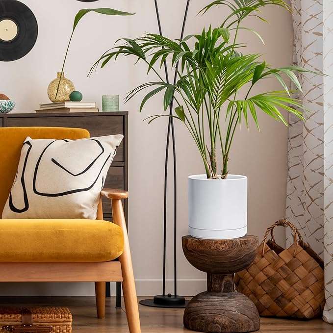 D'vine Dev 6 Inch & 8 Inch & 10 Inch, Set of 3 Round Ceramic Planter Pot with Drainage Hole and Saucer, White, 94-T-L-1