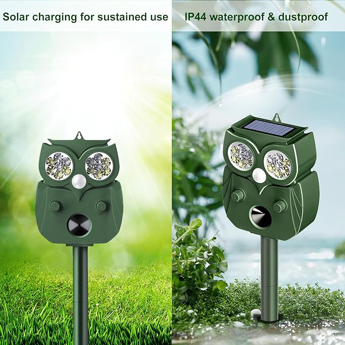 Animal Repellent Outdoor Solar Powered, Ultrasonic Deer Squirrel Skunk Rabbit Rodent Dog Deterrents Waterproof Animal Repeller, Pest Control for Gardens, Deter Mice, Snake, Squirrels, Rodents