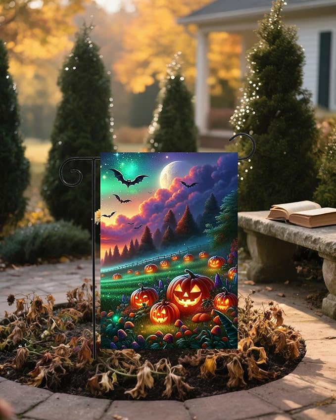 Fantasy Halloween Jack O Lantern Pumpkins Meadow Bats Full Moon Garden Yard Flag 12"x 18" Double Sided Polyester Welcome House Flag Banners for Patio Lawn Outdoor Home Decor