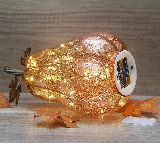 Mercury Glass Pumpkin Lights with Timer, Battery Operated Led Pumpkin Lights for Halloween Fall,Thanksgiving Rustic Decor (Rosegold Leafy, 11")