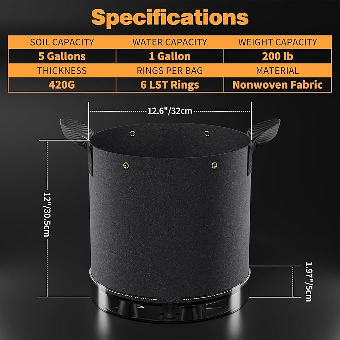 Self-Watering Grow Bags, 5-Pack 5 Gallon 420G Thick Nonwoven Fabric Pots with Reinforced Handles and Multi-Purpose Rings, for Low Stress Plant Training Fruits, Vegetables,and Flowers