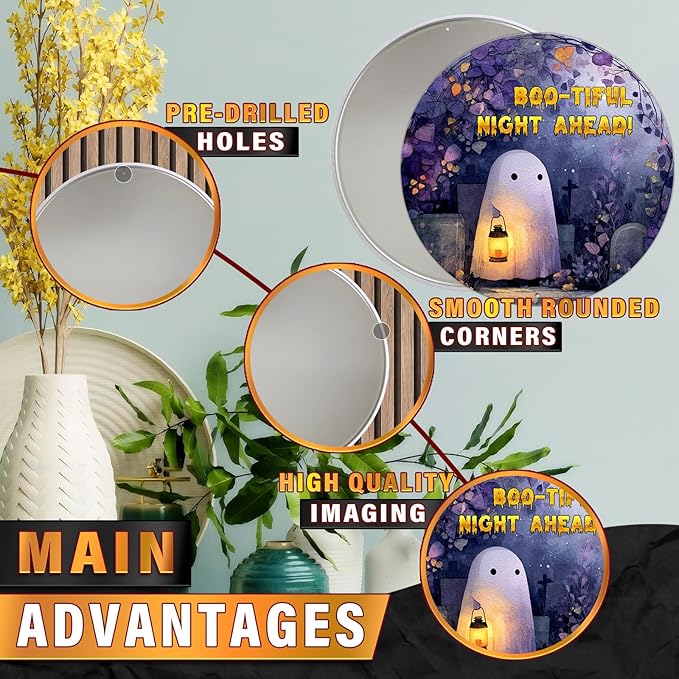 PEACHGARDEN Vintage Bootiful Night Ahead Ghost Metal Tin Sign Halloween Decor Gothic Wall Art Retro Plaque Spooky Home Kitchen Decor 12x12inch