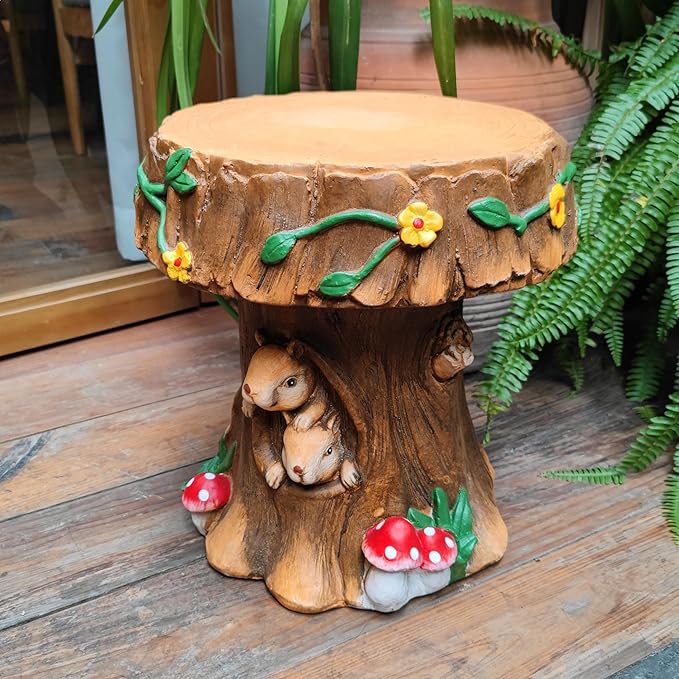 Delicate Fairytale Resin Mushroom Squirrel Garden Stool Statue Lovely Versatile Ornamental in/Outdoor Backyard Patio Squirrel Stool Sculpture Decor
