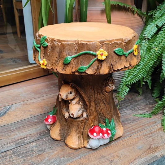 Delicate Fairytale Resin Mushroom Squirrel Garden Stool Statue Lovely Versatile Ornamental in/Outdoor Backyard Patio Squirrel Stool Sculpture Decor