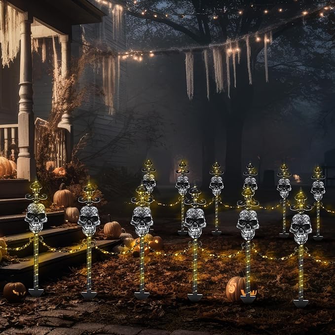 13 Set of Halloween Skull Garden Fence with Solar Light Graveyard Decor Light up Halloween Skull Lawn Stakes Pathway Decor with Connecting Chain for Outdoor Holiday Yard Decoration