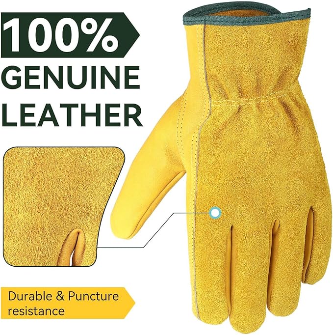 OZERO 5 Pairs Leather Work Gloves Flex Grip Tough Cowhide Gardening Glove for Wood Cutting/Construction/Truck Driving/Garden/Yard Working for Men and Women (Gold,Small)