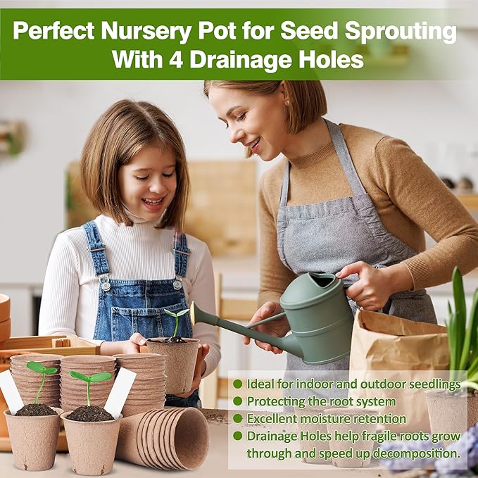 Peat Pots for Seedlings 3.15 Inch, Biodegradable Round Seed Starter Pots with 10 Plant Labels for Garden Germination, Nursery Pot with Drainage Holes (40 Pack/3.15 Inch)