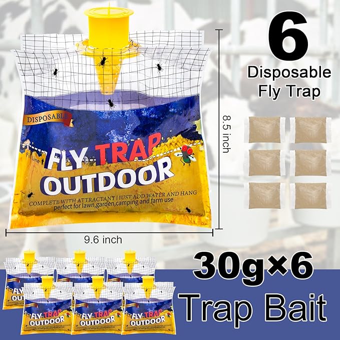 Disposable Fly Traps 6 Pack Big Bags Outdoor, Flies Catcher Traps with Natural Pre-Bait Refill Repellent, Stable Horse Ranch Trapper Outdoor Hanging Fly Killer Helps Control Flies
