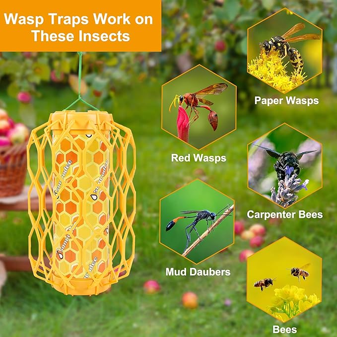 4 Pack Upgraded Wasp Trap Outdoor Hanging, Carpenter Bee and Hornet Catcher, Reusable Yellow Jacket Trap with Bait Reservoir, Bee Killer and Wasp Catcher for Outside (Orange)