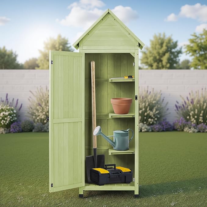 Wooden Outdoor Storage Cabinet,Tall Vertical Garden Tool Shed with Waterproof Metal Roof & Adjustable Feet – Perfect for Yard, Patio, Lawn & Deck (Green, 22" x 26" x 67")