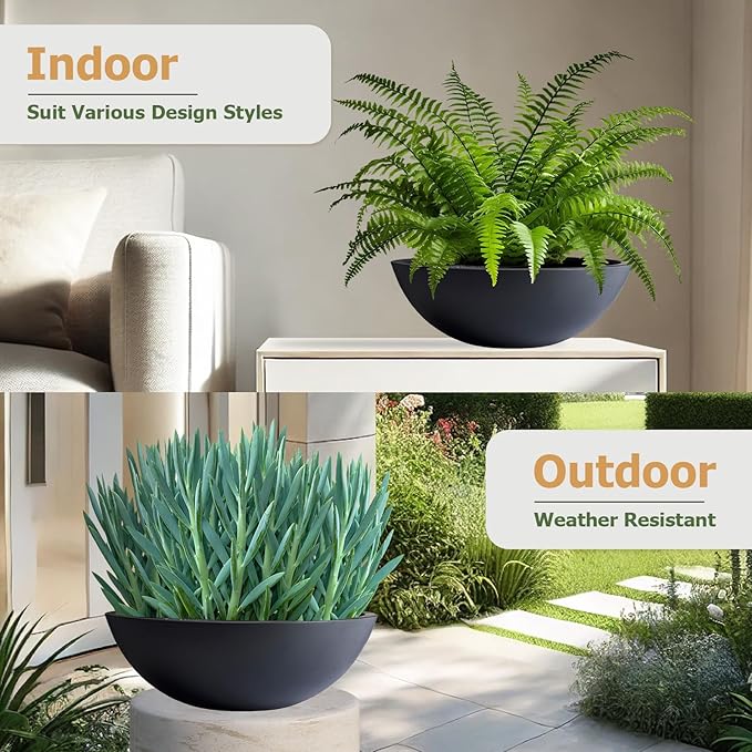 6.9" H x 19.7" D Round Bowl Fiberstone Planter for Succulent and Lotus, Drainage Hole, Weather Resistant for Indoor and Outdoor Use, Included 2 Extra Coco Mats (Black, 17.9" Pot Opening)
